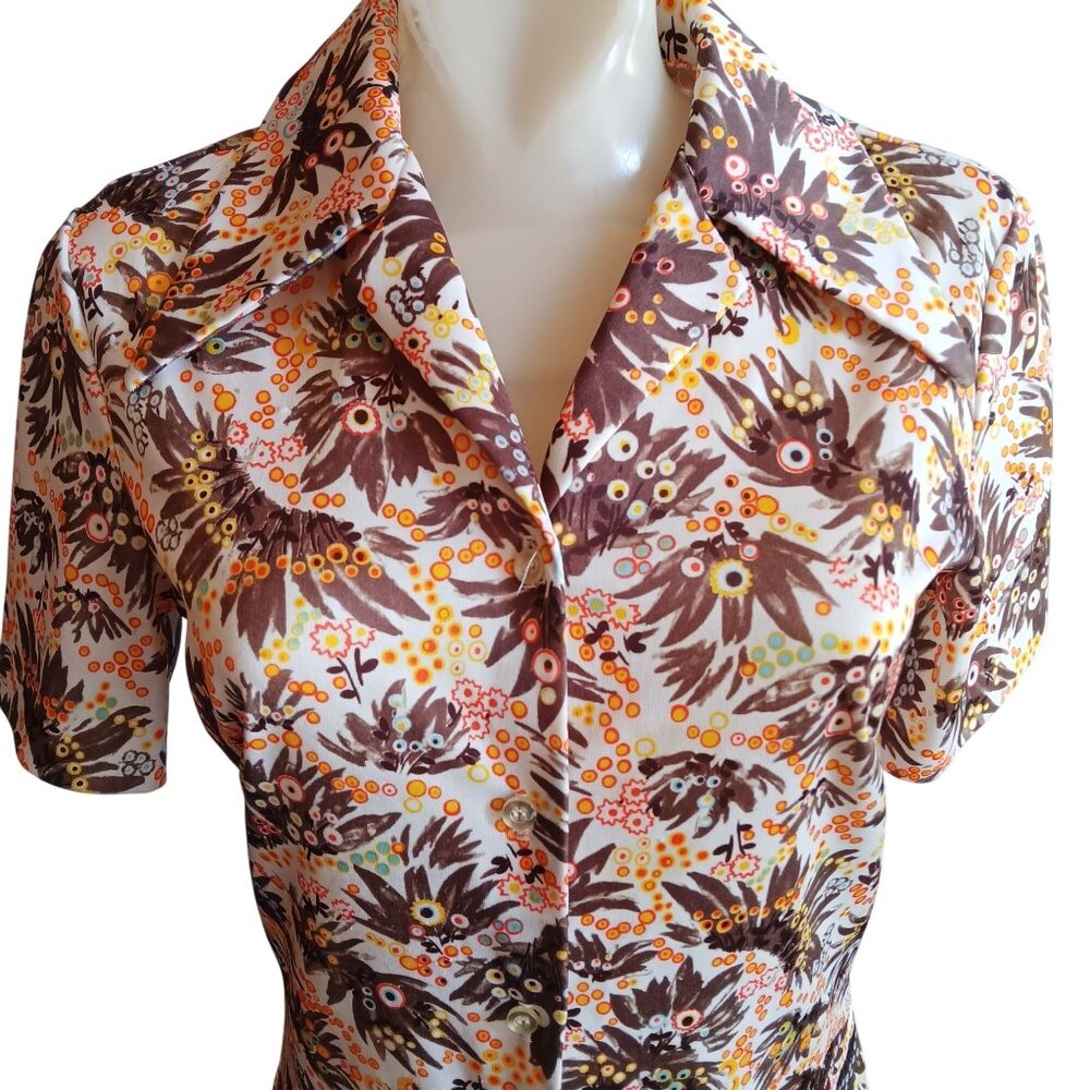 Vintage Women's Small Top Blouse 1970s Disco Peacock Feathers Print Stretch Mom